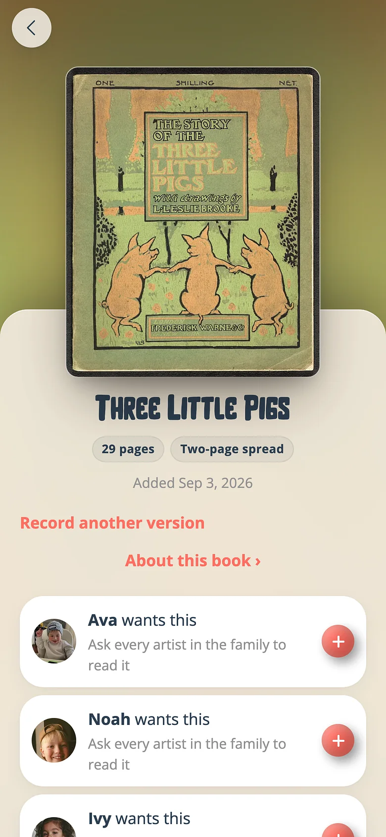A book screen in Voicebooks with the cover, the recordings made of it and a record button