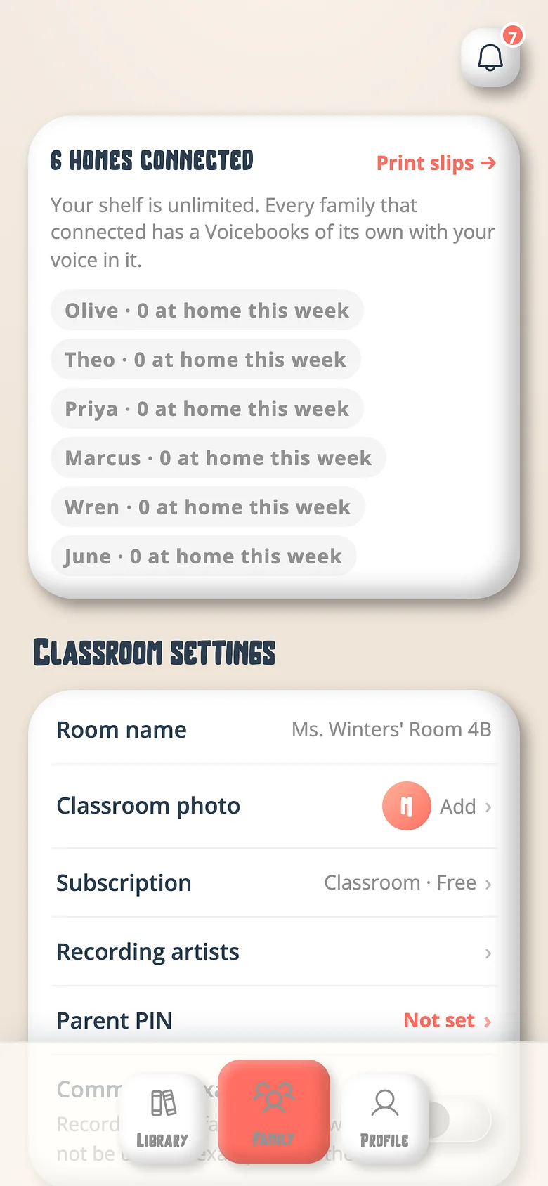 The Voicebooks Family tab for a classroom, listing the seats