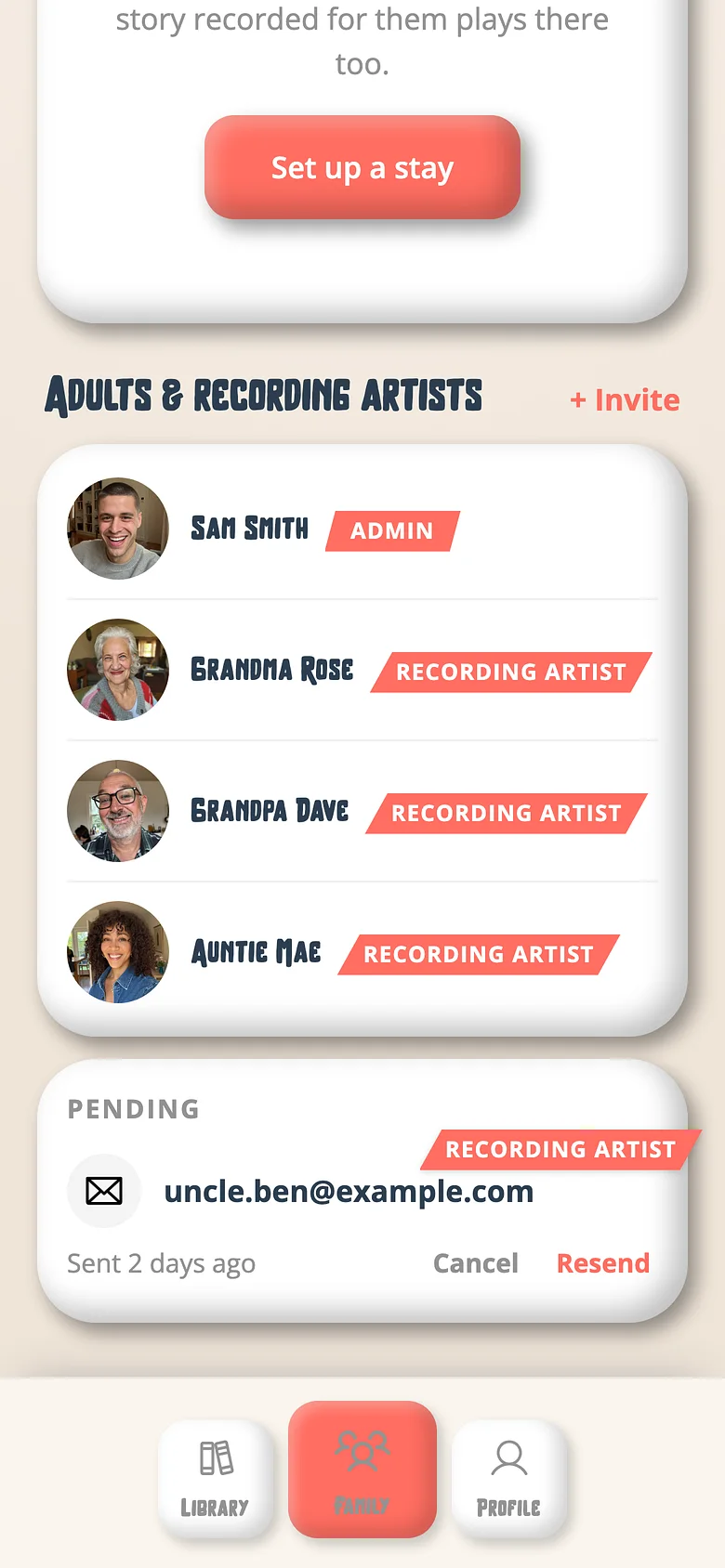 The Voicebooks Family tab listing the adults and recording artists