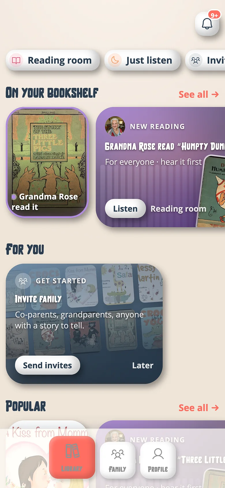 The Voicebooks Library screen showing a family's recorded books and the people who read them