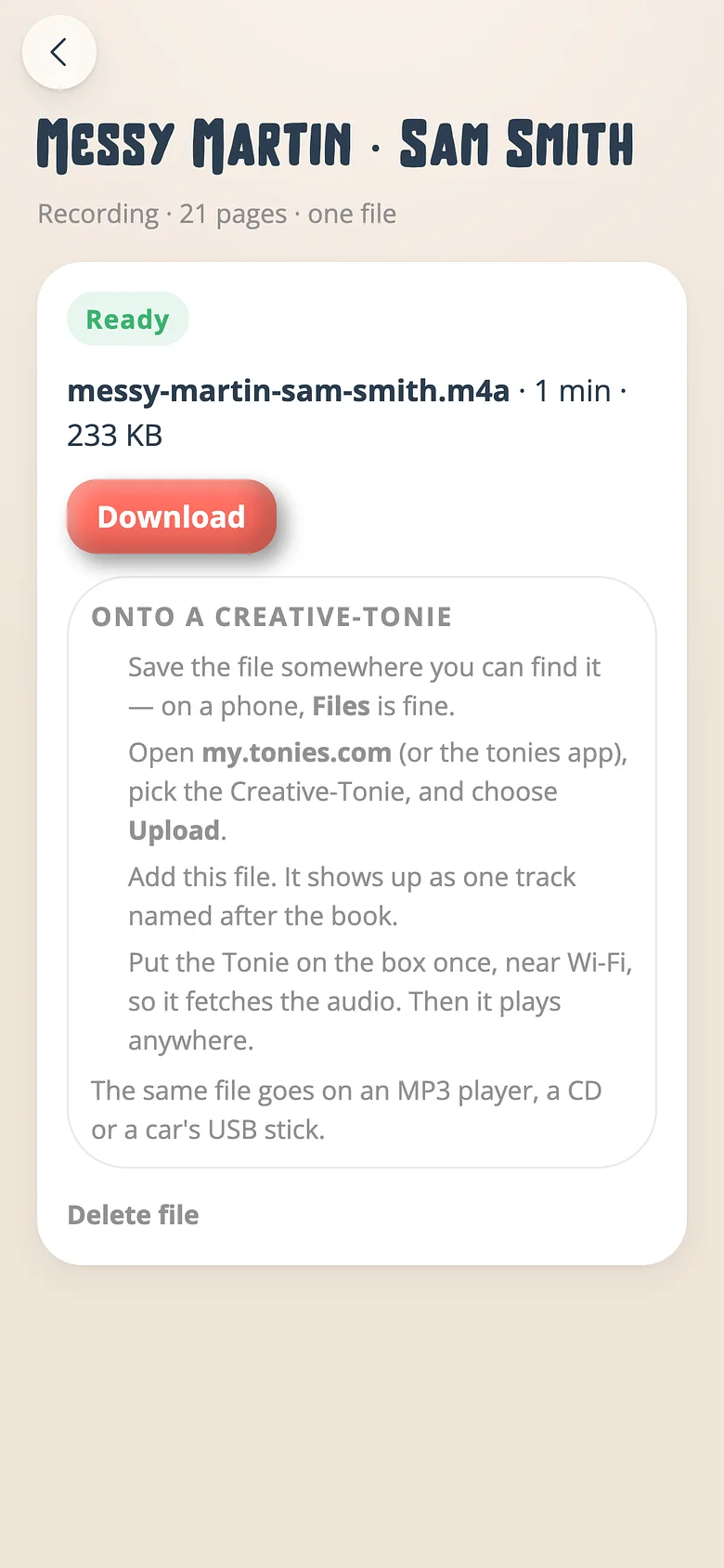 The Voicebooks screen for a recording made into one audio file, with the download button and the tonies upload steps