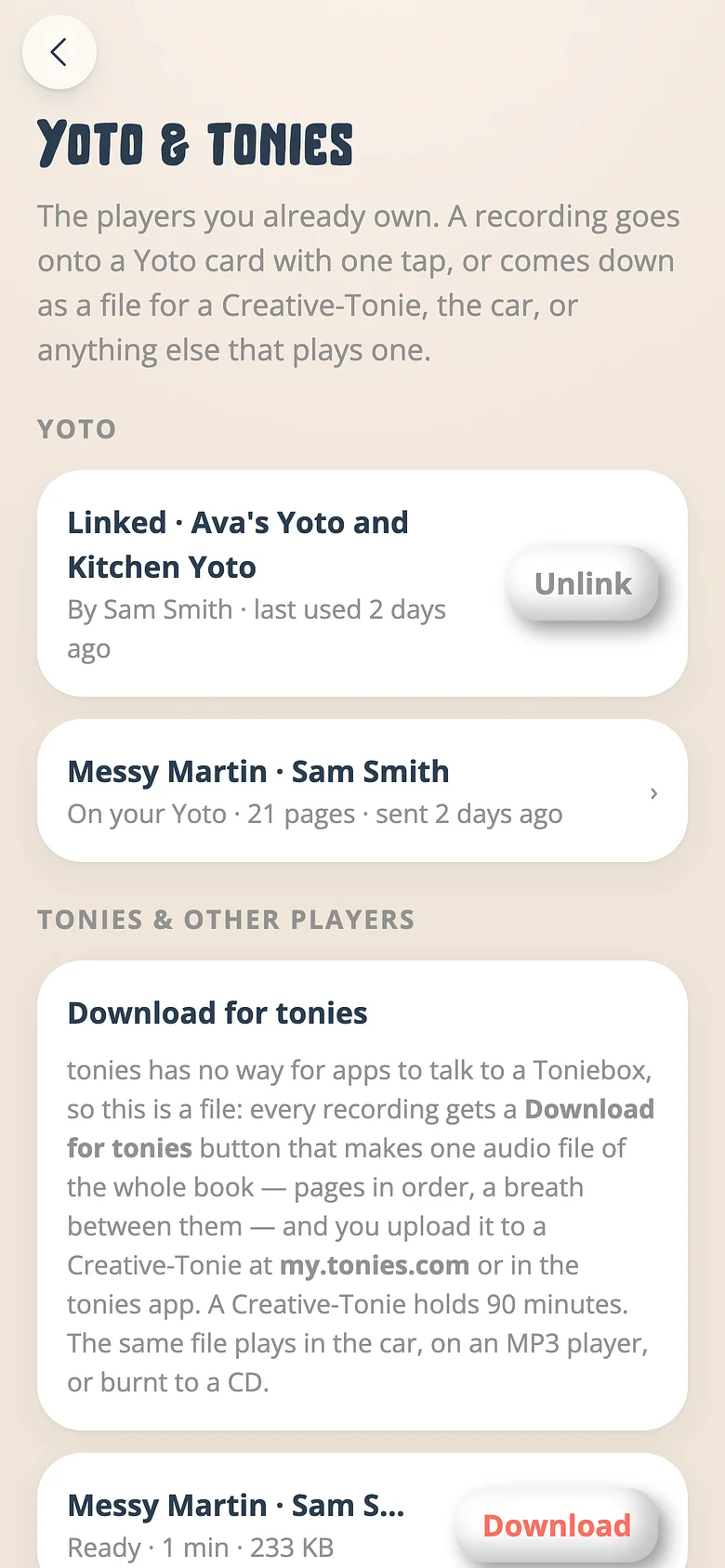 The Voicebooks Yoto & tonies screen with a linked Yoto account, a card already sent and a file made for a Creative-Tonie