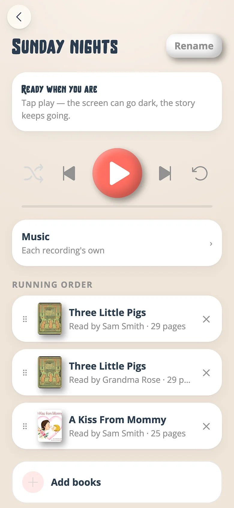 A Voicebooks playlist with its running order, play controls and music setting
