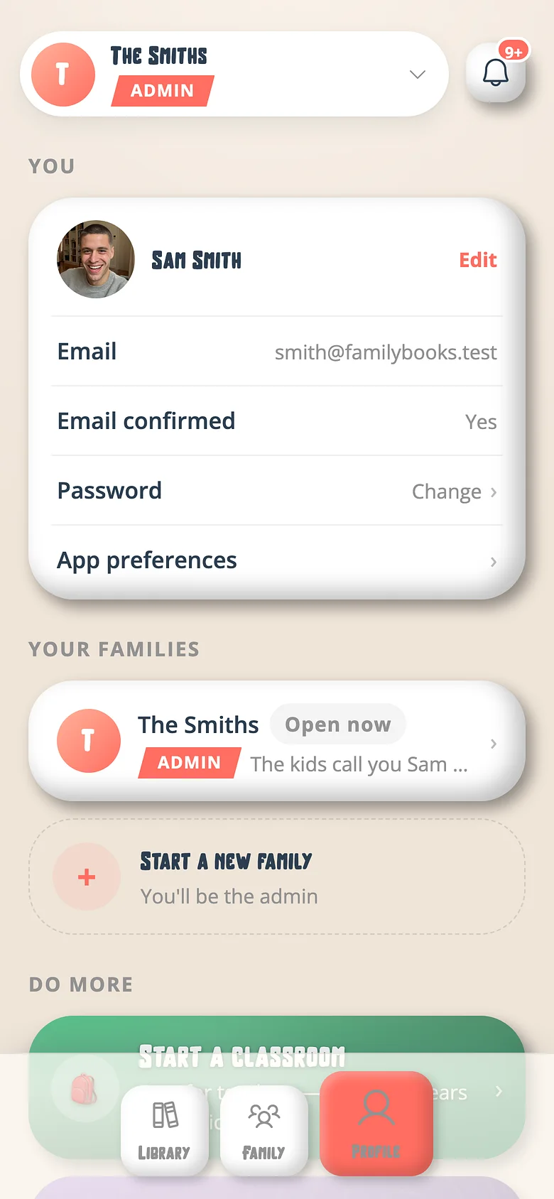 The Voicebooks Profile tab with the family switcher, photo, name and sign-in options