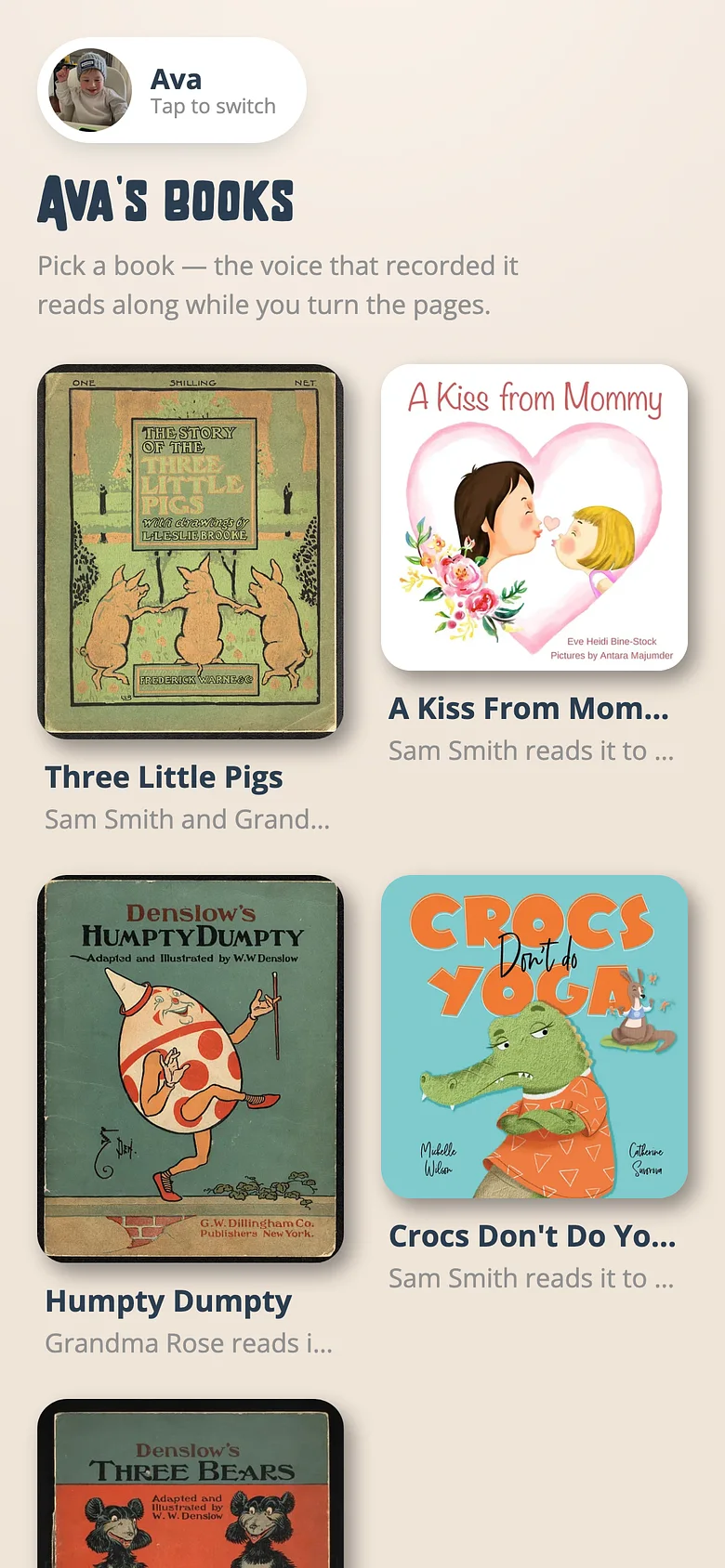A child's shelf in Voicebooks with the books recorded for them