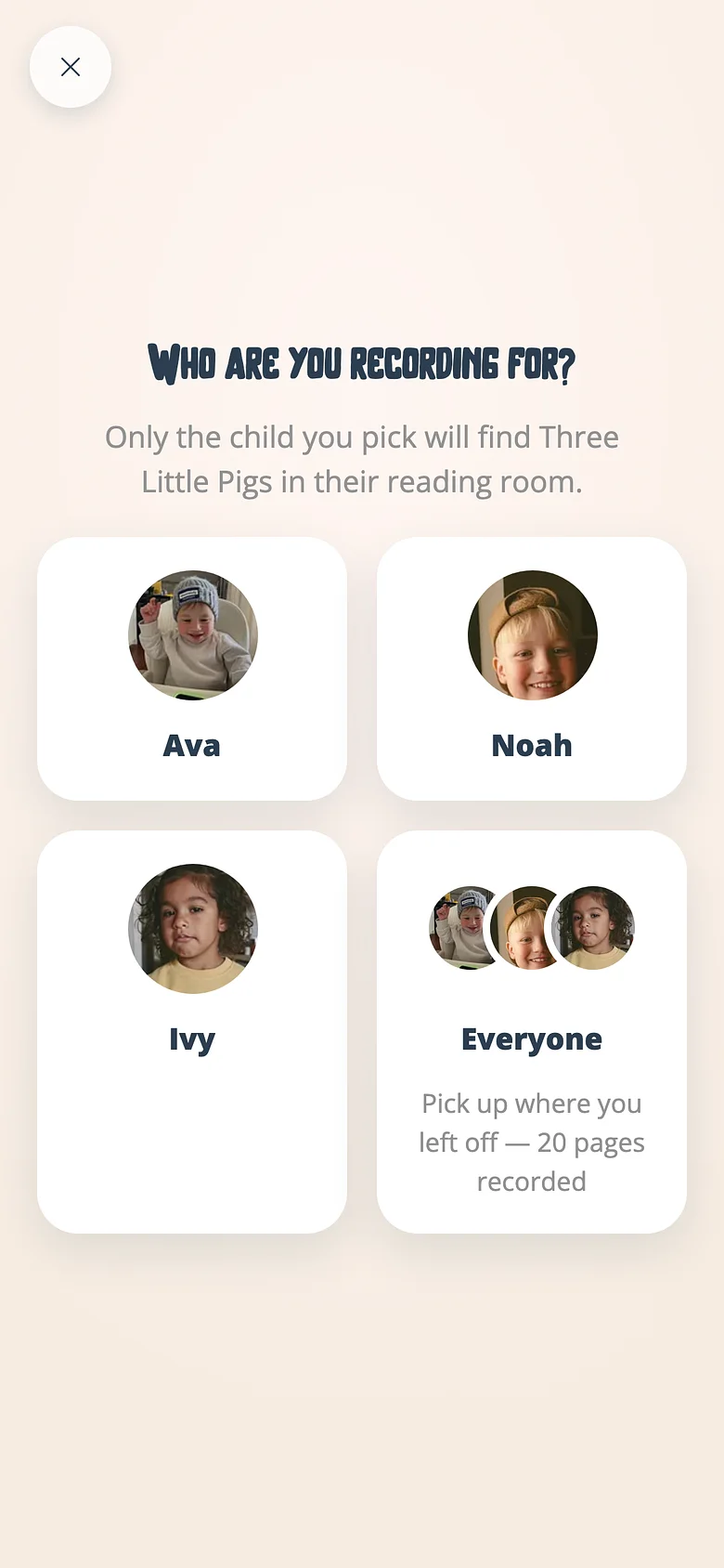 The Voicebooks studio asking which child a recording is for