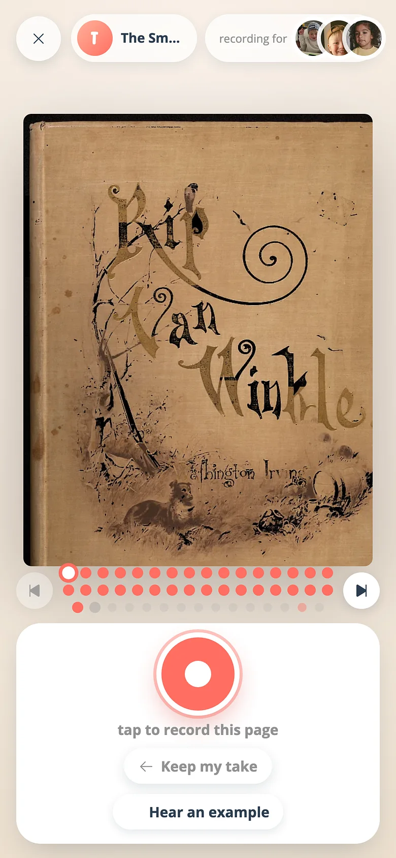 The Voicebooks recording studio showing a book page, the record button and the page dots