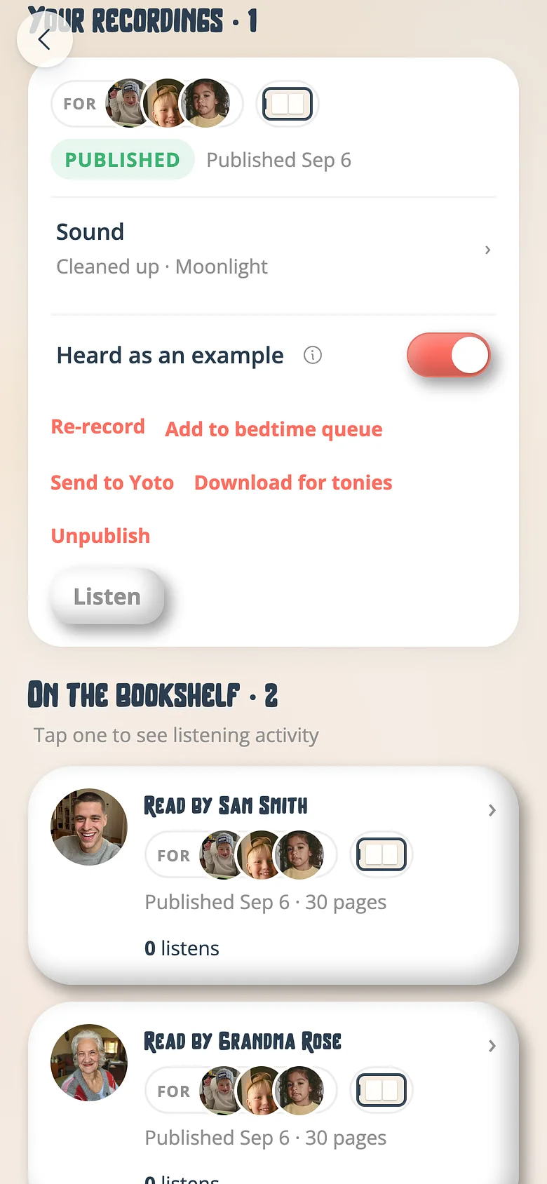 A published recording's card in Voicebooks with its Send to Yoto and Download for tonies buttons