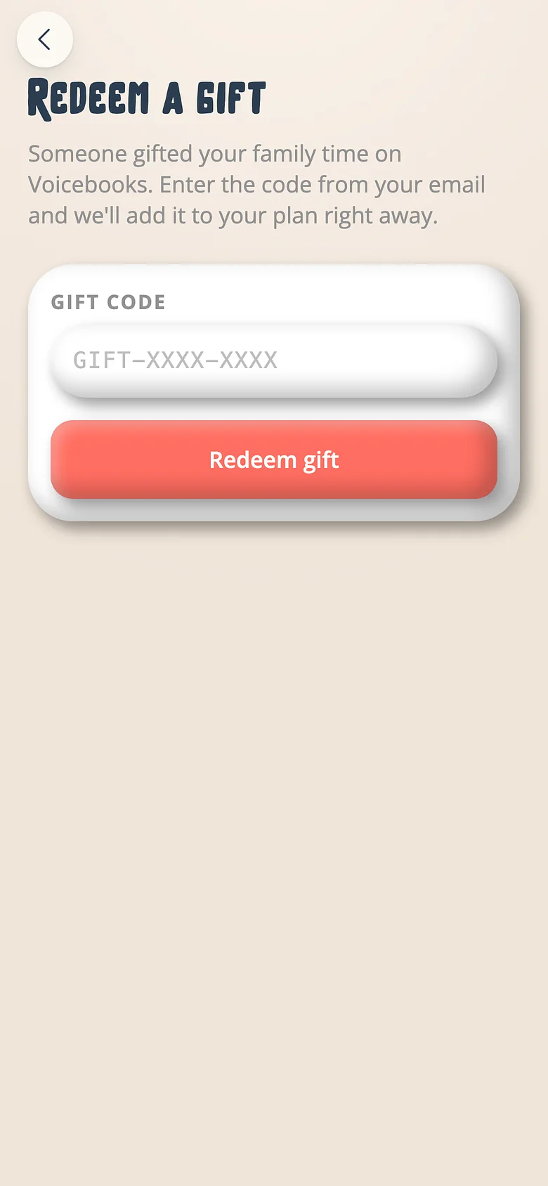 The Voicebooks screen for redeeming a gift, stay or classroom code