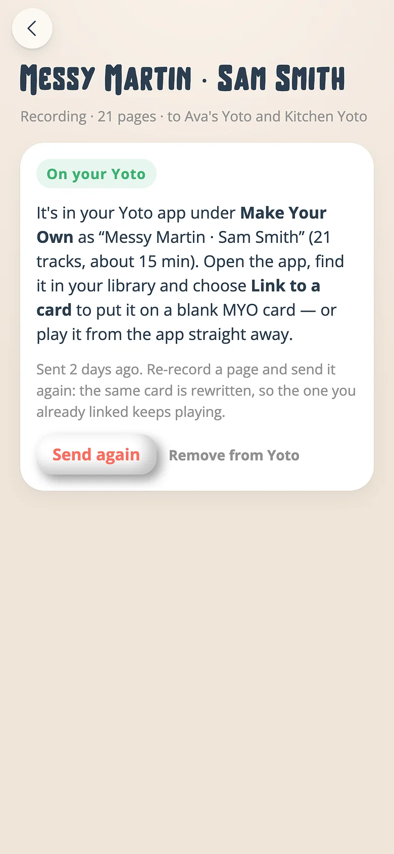 The Voicebooks screen for a recording sent to Yoto, saying it is on the family's Yoto and how to link it to a card